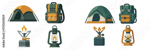 Outdoor adventure gear with portable tents, rucksacks, cooking stoves, and lighting equipment for wilderness exploration