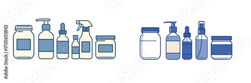 Various personal care, beauty, and health product packaging containers: bottles, jars, droppers, sprayers