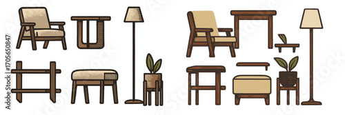 Stylish collection of contemporary wooden furniture pieces and decorative household items for living spaces