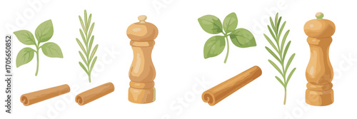 Fresh culinary herbs basil and rosemary with aromatic cinnamon sticks and wooden pepper grinders for cooking and seasoning food