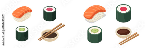 Delicious assortment of traditional Japanese sushi rolls, nigiri, and dipping sauce with wooden chopsticks