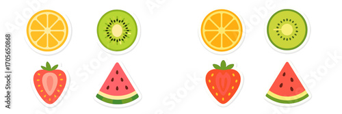 Vibrant collection of fresh sliced orange kiwi strawberry and watermelon fruits with clean white borders and modern simple design