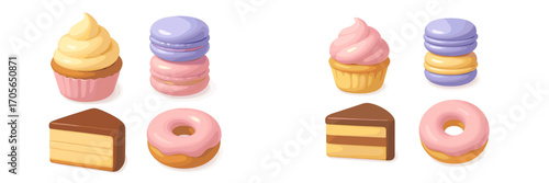 Colorful assortment of sweet desserts: cupcakes, macarons, donuts, and cake slices with soft pastel colors and smooth textures