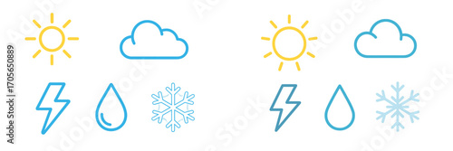 Set of essential weather forecast symbols featuring sun cloud lightning bolt rain drop and snowflake icons