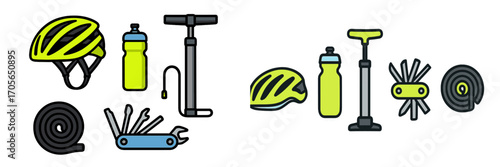 Collection of essential cycling accessories including safety helmet, water bottle, bicycle pump, and repair tools
