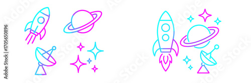 Vibrant gradient space travel elements: rockets, ringed planets, satellite dishes, sparkling stars