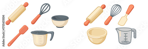 Collection of essential baking tools and kitchen utensils for cooking and pastry preparation