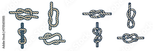 Collection of various nautical rope knots and ties, including essential and decorative designs for maritime and outdoor use