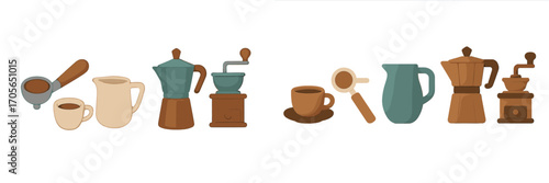 Assortment of coffee preparation tools including espresso portafilter moka pot grinder and milk pitcher with cups