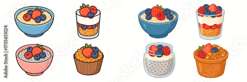 Collection of healthy breakfast and dessert options with fresh berries, oats, granola, and chia seeds in various bowls and glasses