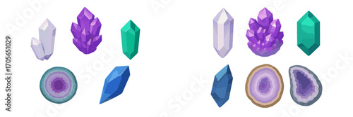 Collection of colorful faceted crystals and natural geodes in various shapes and sizes, including amethyst, quartz, and emerald-like stones