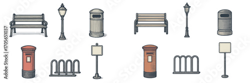 Urban street furniture and public utility objects collection with benches, lampposts, waste bins, post boxes, bicycle stands, and information signs