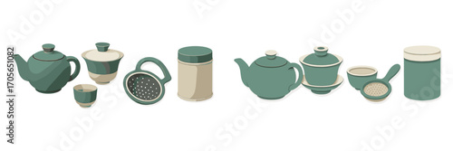 Stylized tea utensils and accessories in a contemporary design featuring teapots, cups, and canisters
