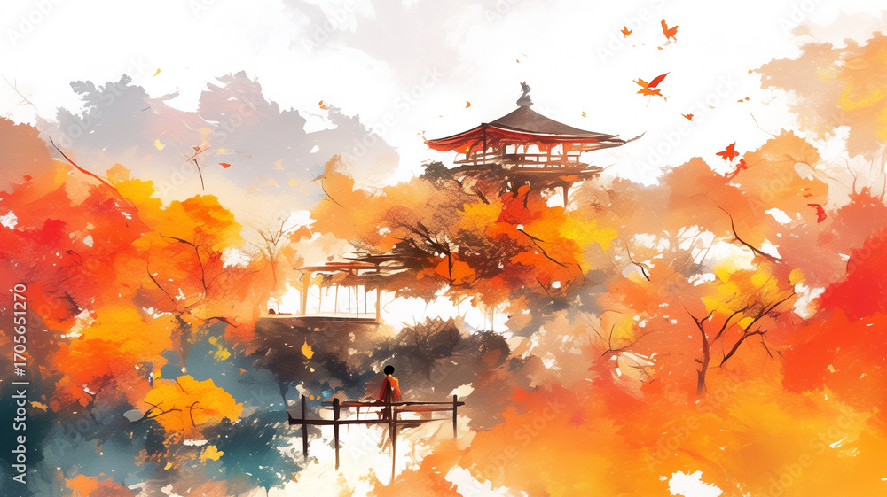 Obraz premium 秋の日本を象徴する紅葉を水彩画風で描いたイラスト。豊かな色彩と余白の美学が融合し、息をのむような荘厳で幻想的な雰囲気を感じさせる素材。