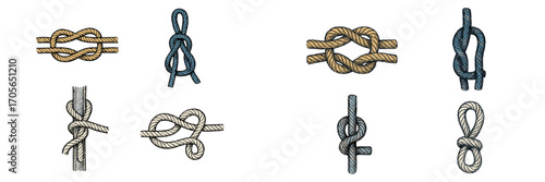 Detailed collection of various nautical and decorative rope knots for sailing, climbing, and securing purposes