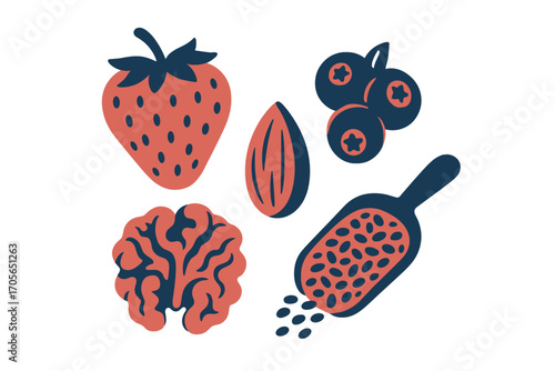 Assortment of healthy food items including fresh strawberries, blueberries, almonds, walnuts, and coffee beans