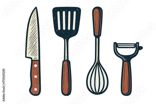Assortment of essential kitchen cooking utensils including a knife spatula whisk and peeler for various food preparation tasks