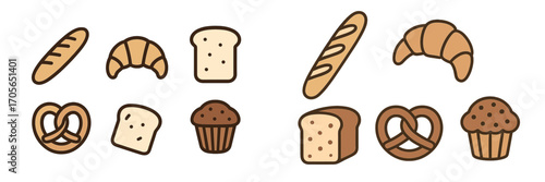 Delicious assortment of freshly baked goods, including baguettes, croissants, sliced bread, pretzels, and chocolate muffins, ideal for breakfast or snack time