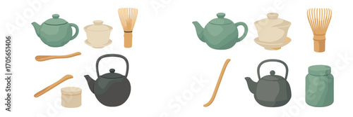 Traditional Japanese tea ceremony essentials including teapots, cups, whisks, and spoons for matcha preparation