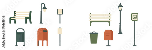 Collection of street furniture and public utility elements including benches, lampposts, trash cans, and signs