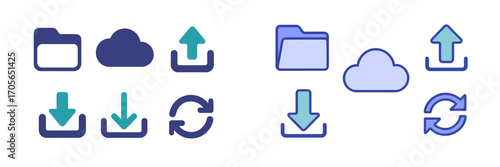 Digital data management icon set with cloud storage, file folder, upload, download, and refresh symbols