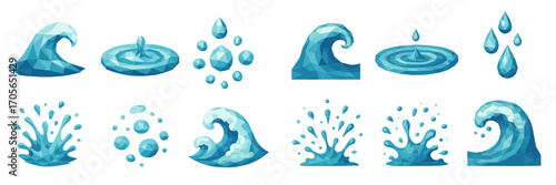 Collection of geometric water elements featuring stylized waves, ripples, splashes, and falling drops in a polygonal design