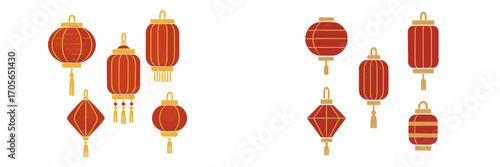 Set of traditional red and gold Asian lanterns in various shapes and designs for cultural celebrations