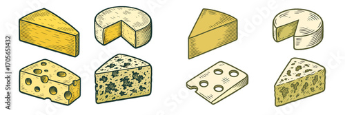 Delicious dairy product selection featuring a variety of cheese blocks, wheels, and wedges with distinct textures and flavors