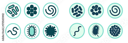 Microscopic organisms and bacteria types in petri dish icons for biology and medical science research