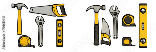 Collection of essential hand tools including hammers, saws, wrenches, and measuring devices, commonly used for construction and home improvement projects