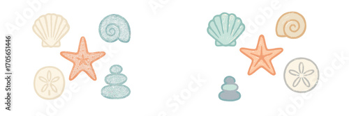 Collection of various pastel colored seashells starfish sand dollars and stacked stones on white background