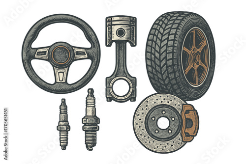 Collection of essential automotive components including steering wheel, piston, tire, spark plugs, and brake disc