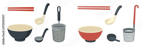 Essential kitchen utensils for preparing and serving Asian noodle dishes: bowls, chopsticks, ladles, and strainers
