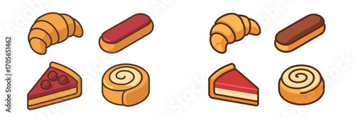 Assortment of delicious baked goods and sweet pastries including croissants, eclairs, cake, and cinnamon rolls