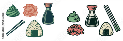 Traditional Japanese sushi accompaniments including wasabi, pickled ginger, soy sauce, onigiri, and chopsticks