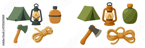 Collection of essential camping and outdoor adventure gear including a tent, lantern, canteen, axe, and rope