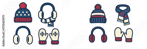 Assortment of warm winter apparel items featuring knitted hats, striped scarves, earmuffs, and mittens