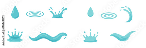 Assortment of blue water elements featuring drops, concentric ripples, dynamic splashes, and flowing wave forms