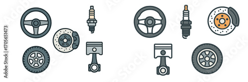Collection of essential automotive parts including steering wheel, spark plug, brake disc, piston, and tire