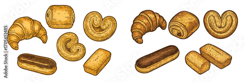 Assortment of classic French pastries including croissants, pain au chocolat, palmiers, eclairs, and pound cake