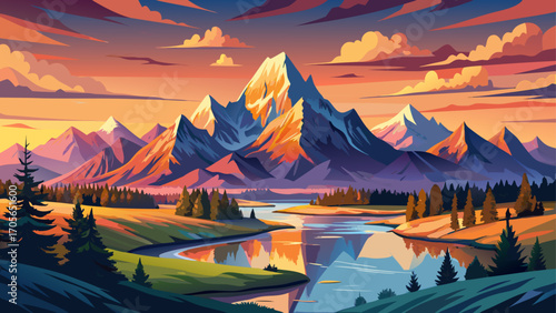 Grand Teton Range, Wyoming, USA, rises sharply over golden meadows and winding rivers, mirrored in calm waters bathed in rosy dawn light beneath crisp mountain air.