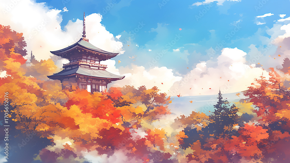 Obraz premium 水彩画風の柔らかなタッチで描かれた日本の秋の紅葉風景イラスト。燃えるように赤や橙に染まる木々と広がる余白の空間が荘厳で、息をのむ美しさを表現したアート素材。