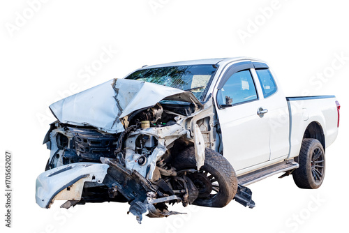 Full body front and side view of white pickup car get damaged by accident on the road. damaged cars after collision. Isolated on transparent background, PNG File