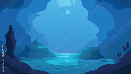 Tranquil underwater creek scene with schools of fish and aquatic plants vector illustration