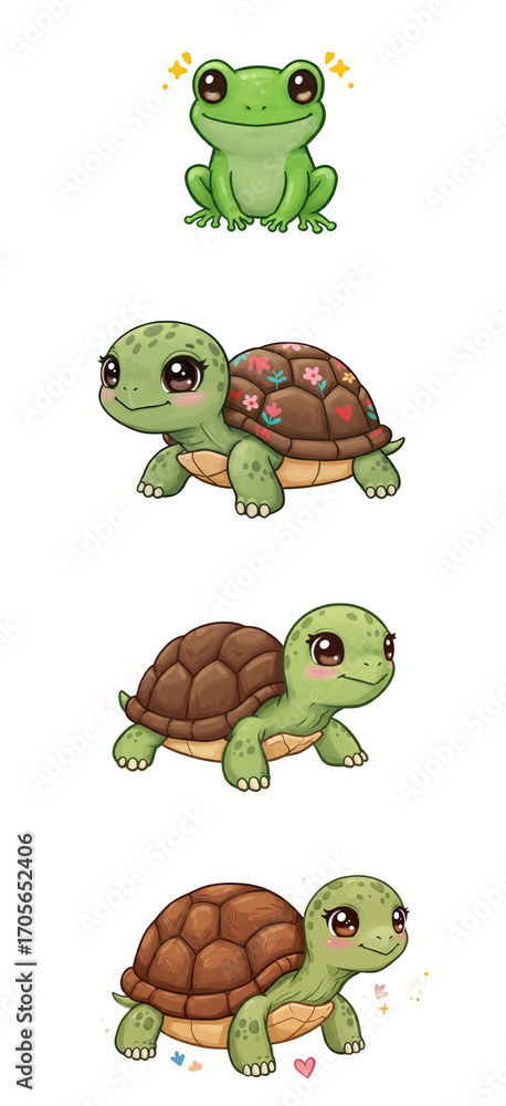 Obraz premium Cute Cartoon Frog and Turtle Characters with Flowers and Stars png clear alpha channel cutout isolated on transparent background