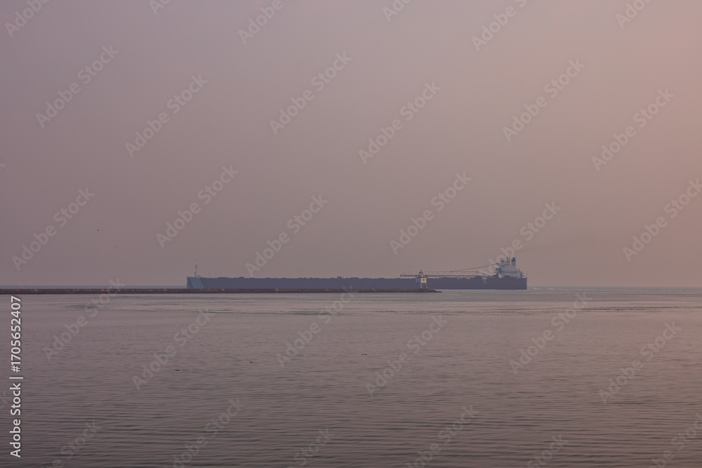 Fototapeta premium A Ship Leaving A Harbor On Lake Superior On A Wildfire Smokey Hazy Evening