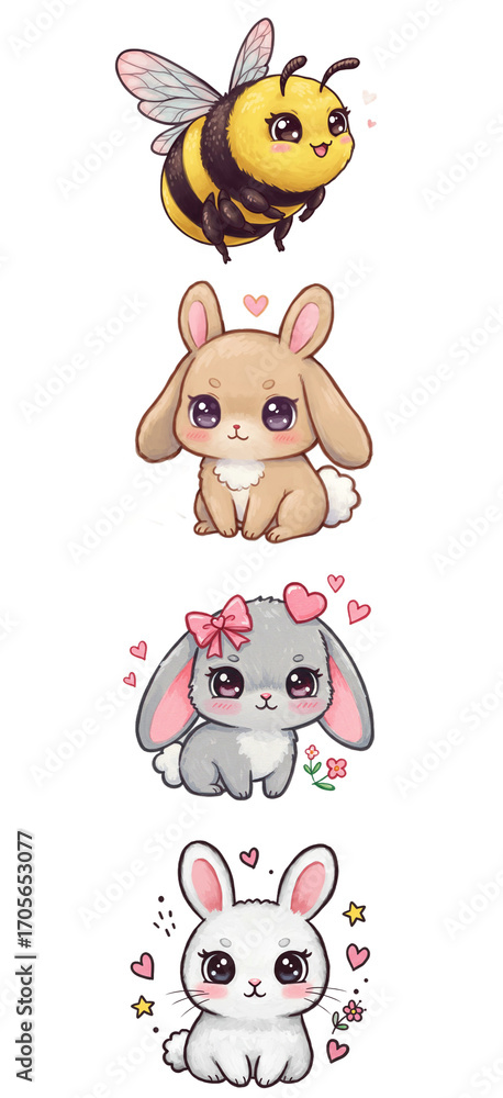 Naklejka premium Cute Kawaii Bee and Bunnies with Hearts and Flowers png clear alpha channel cutout isolated on transparent background
