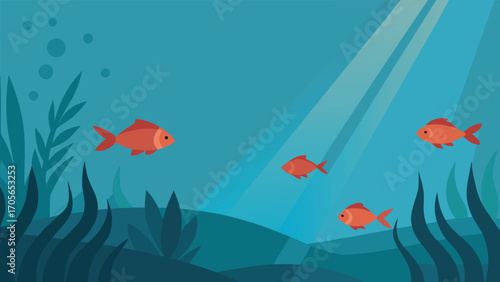 Tranquil underwater landscape with a single sea turtle swimming amidst coral reef and bubbles