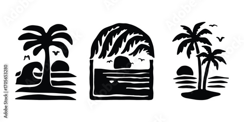 Tropical Beach Silhouette Vector Set. Sunset and Palm Trees, Palm Tree and Sunset Clipart. Island Beach Silhouette Pack
