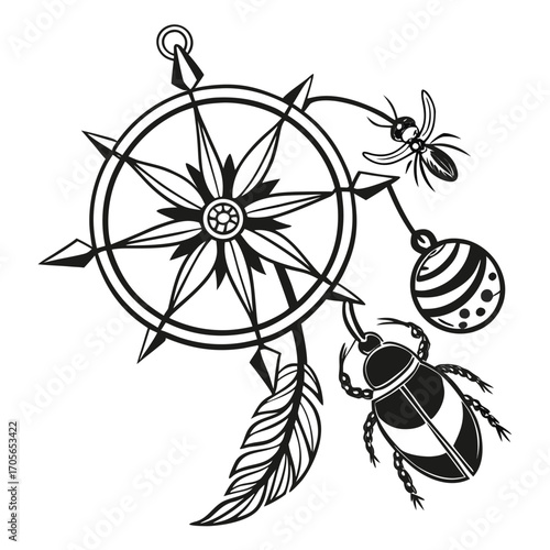 Black and white illustration of a compass rose with dangling beetle, ant, feather, and striped orb